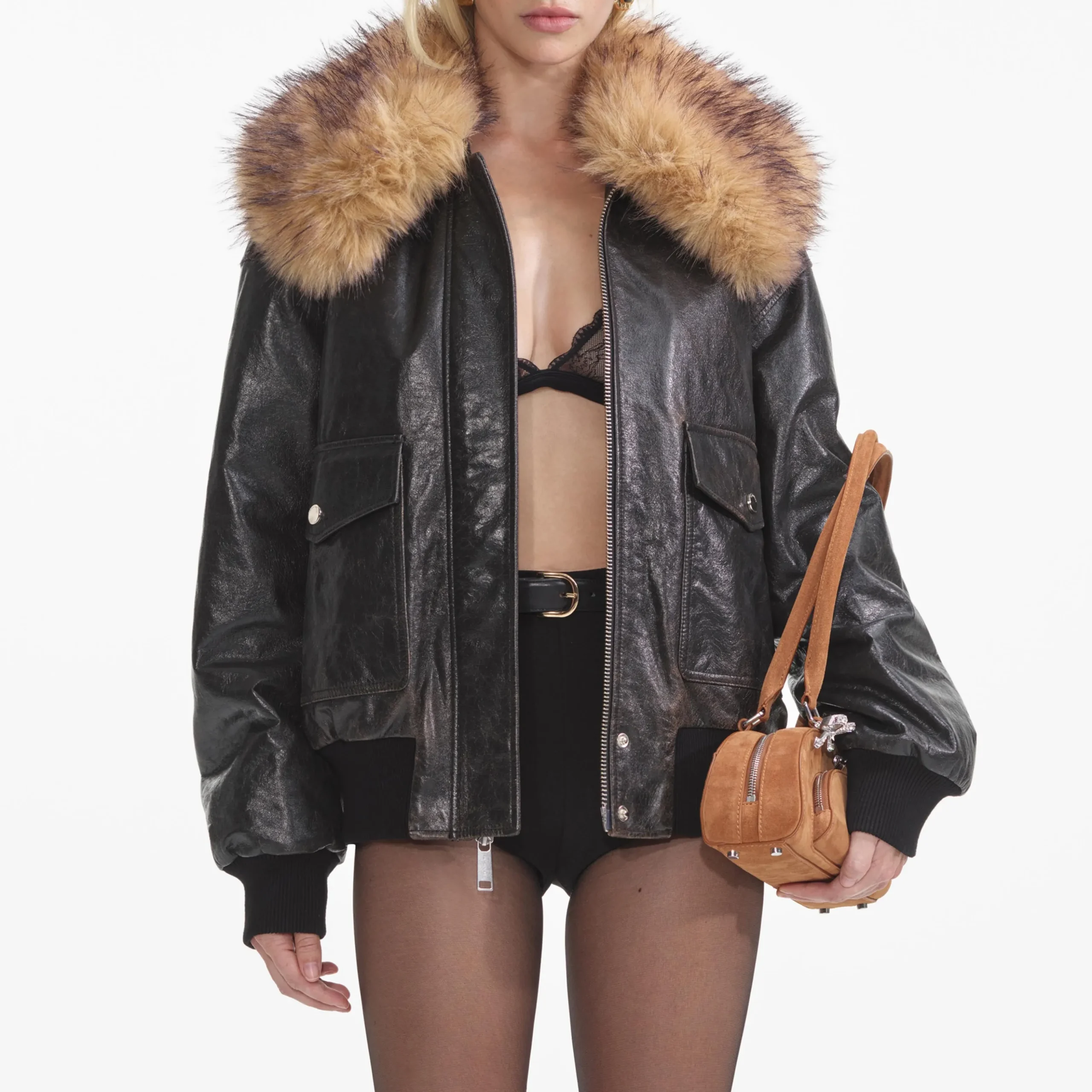 Leather Shearling Collar Jacket^self-portrait New