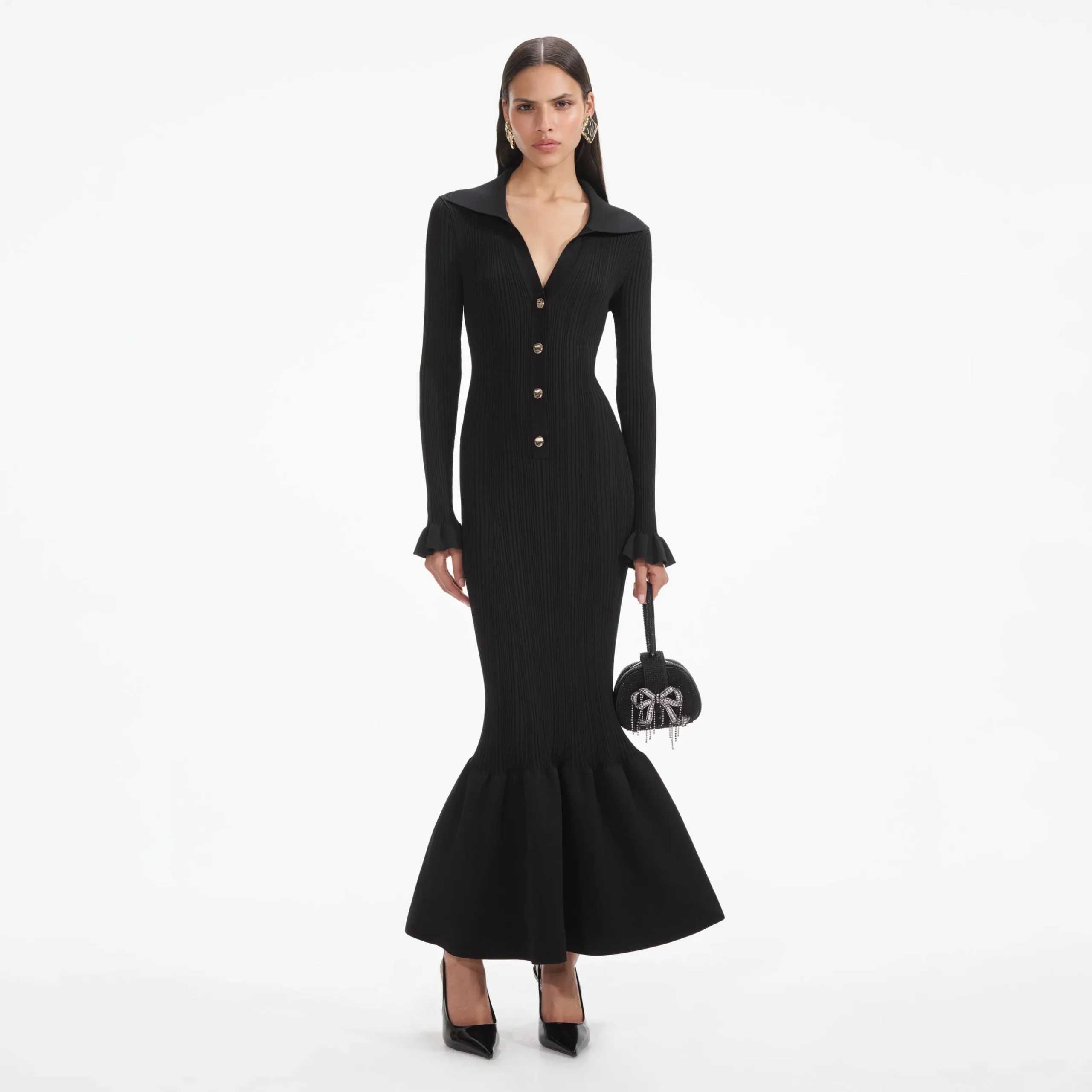 Ribbed Knit Fluted Midi Dress^self-portrait Outlet