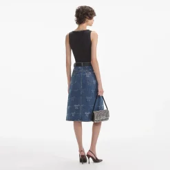 Print Denim Midi Skirt^self-portrait New