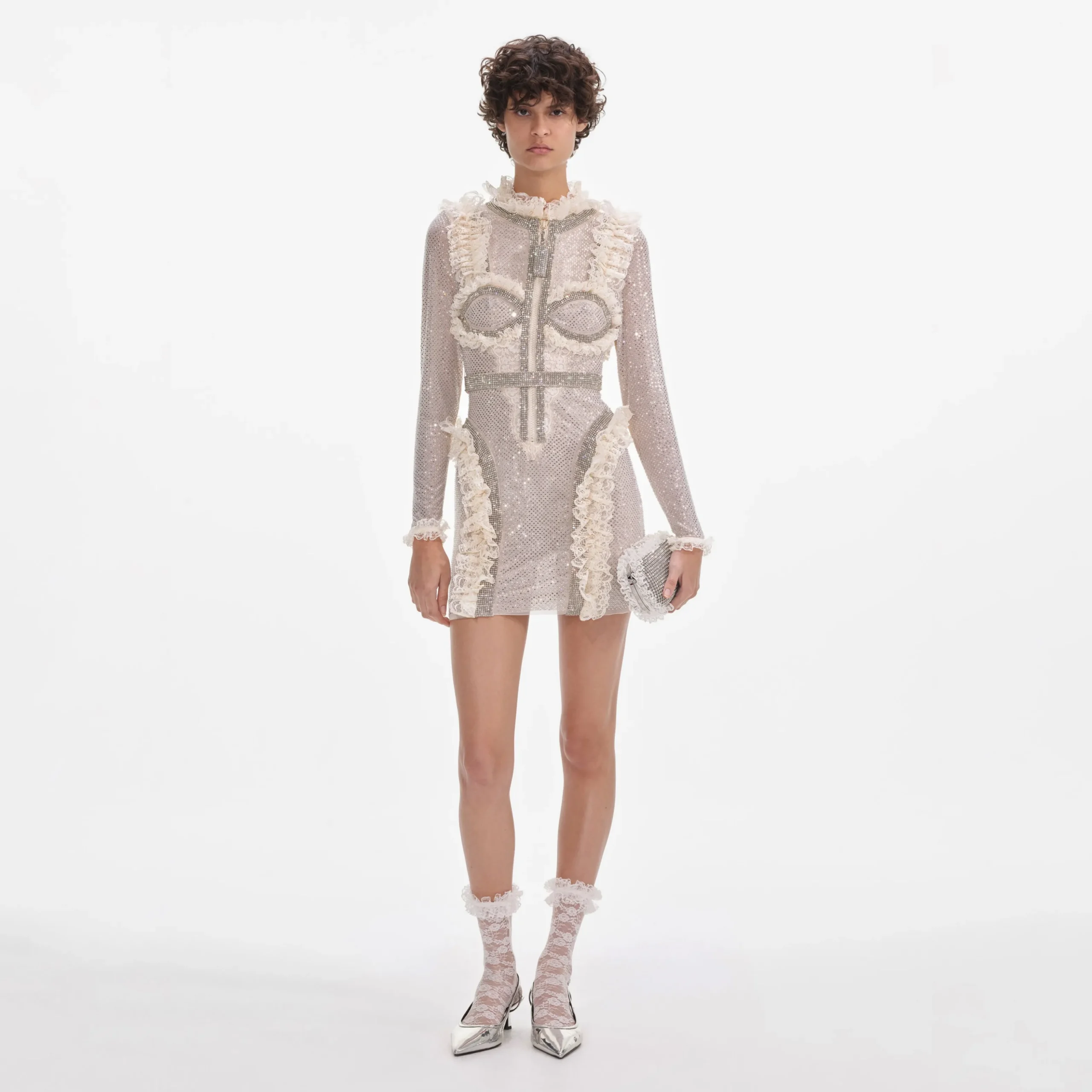 Rhinestone Mesh Ruffle Mini Dress^self-portrait Discount