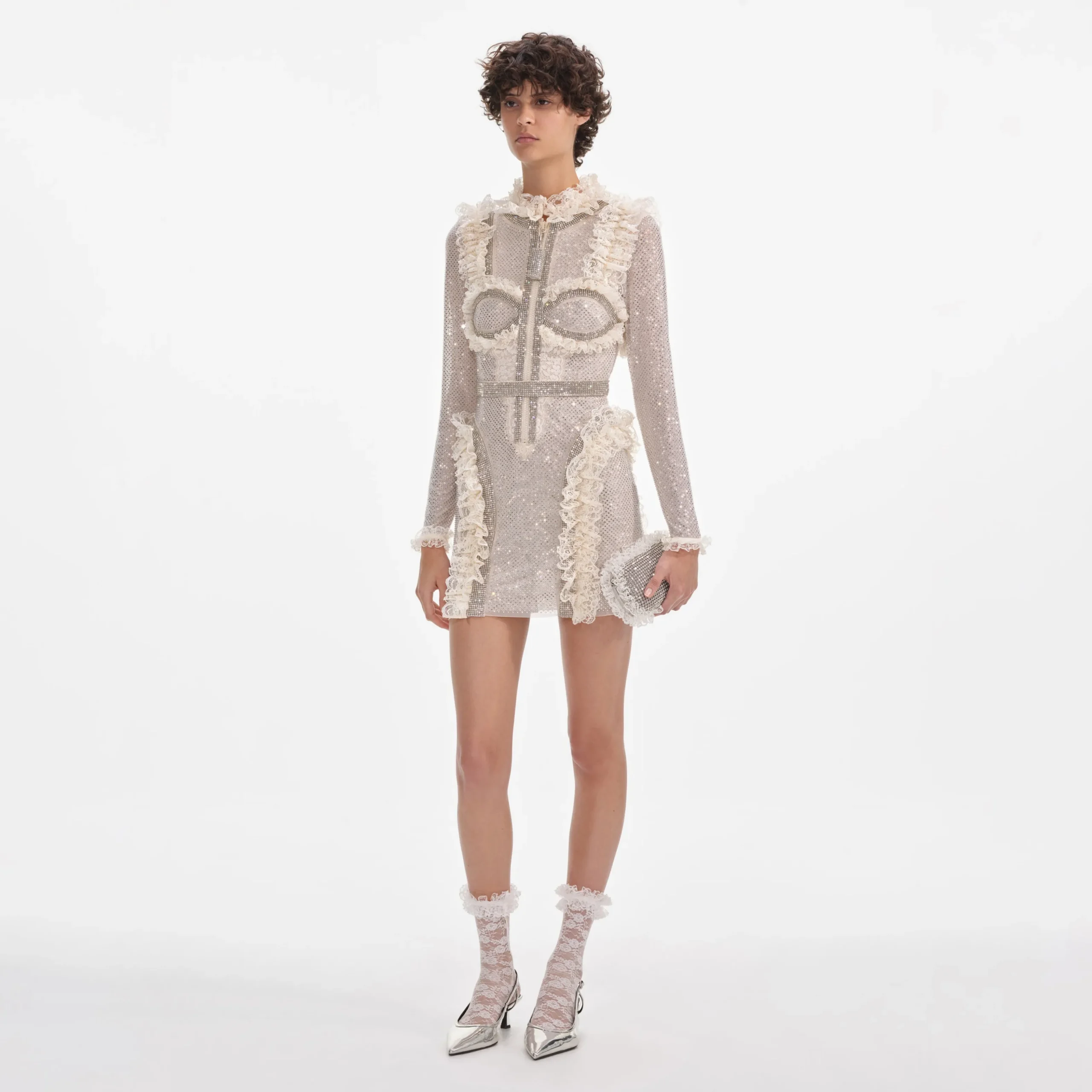 Rhinestone Mesh Ruffle Mini Dress^self-portrait Discount