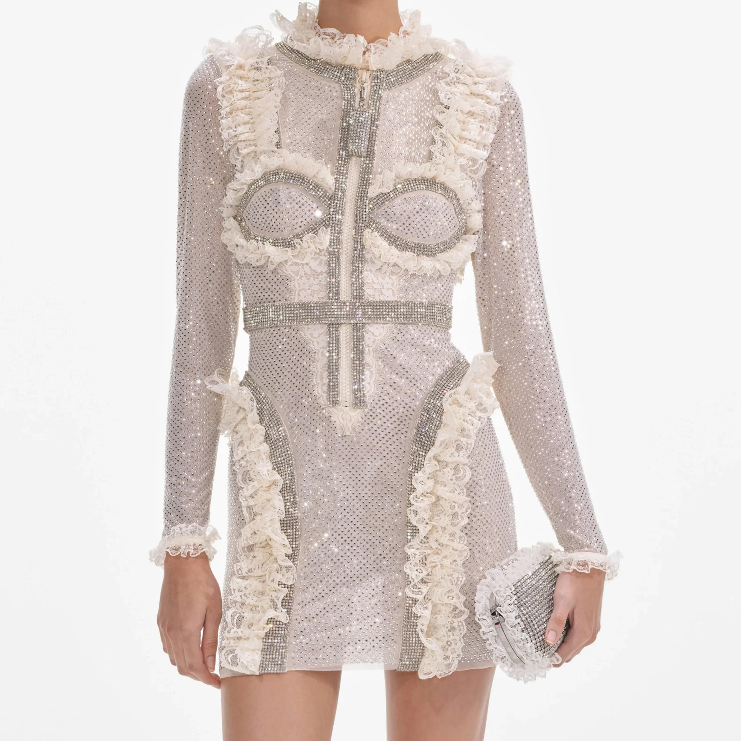 Rhinestone Mesh Ruffle Mini Dress^self-portrait Discount