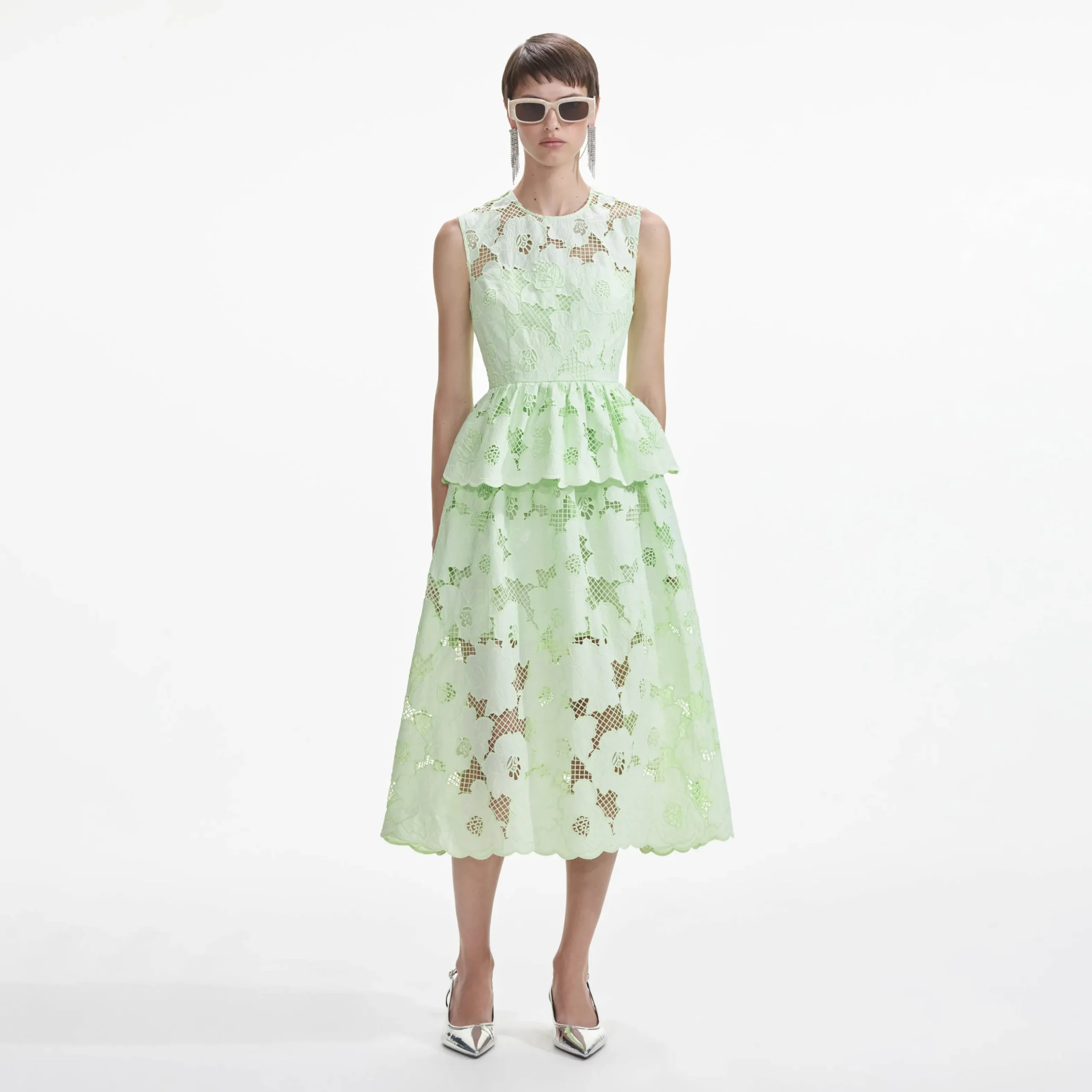 Cotton Lace Peplum Midi Dress^self-portrait New