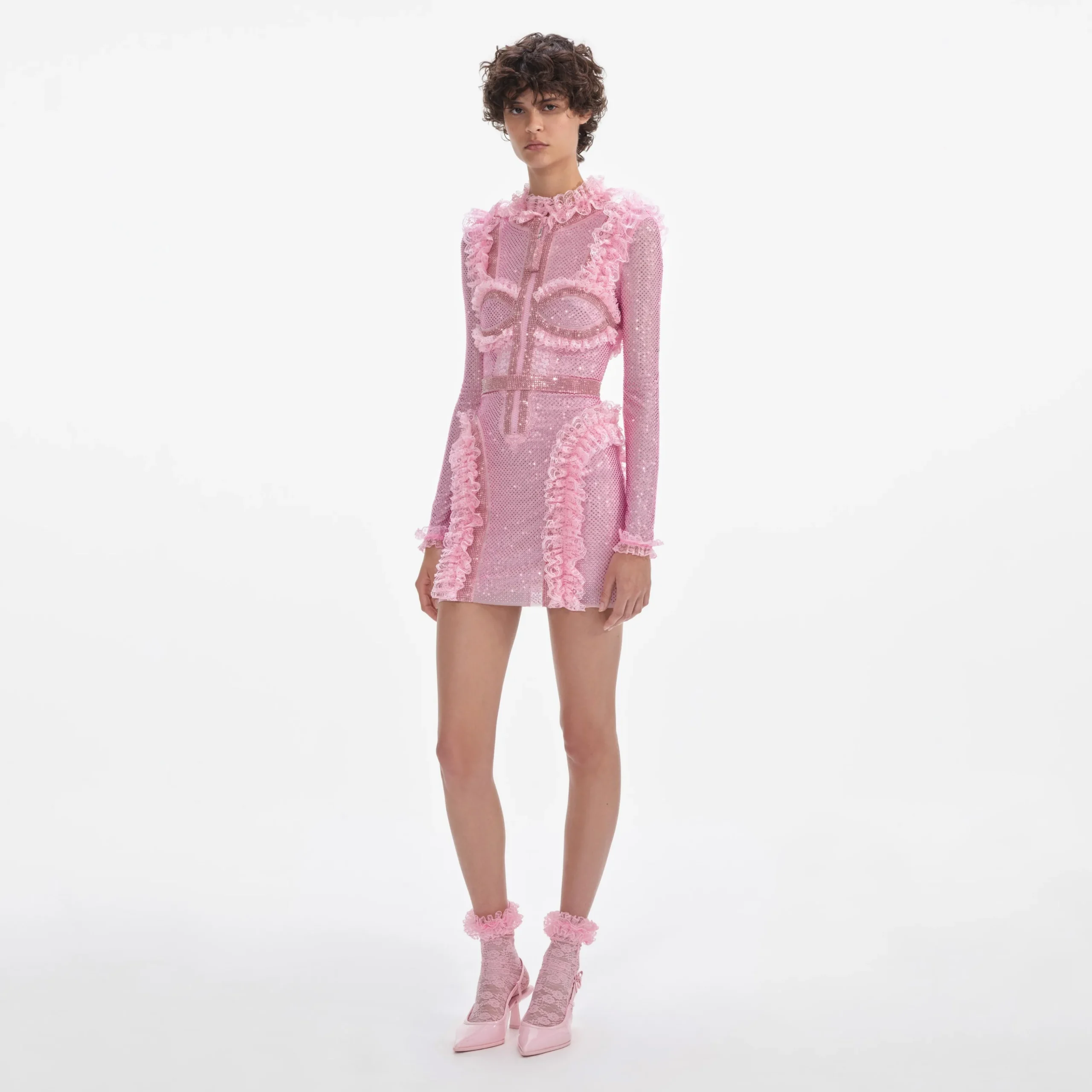 Rhinestone Mesh Ruffle Mini Dress^self-portrait Best Sale
