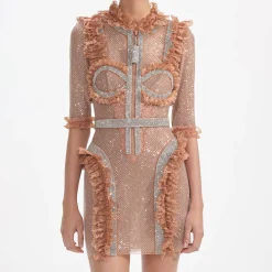 Rhinestone Mesh Ruffle Mini Dress^self-portrait New
